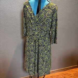 Jessica London Paisley Geometric Swirl Green Black White Dress Size 18W 3/4 EUC